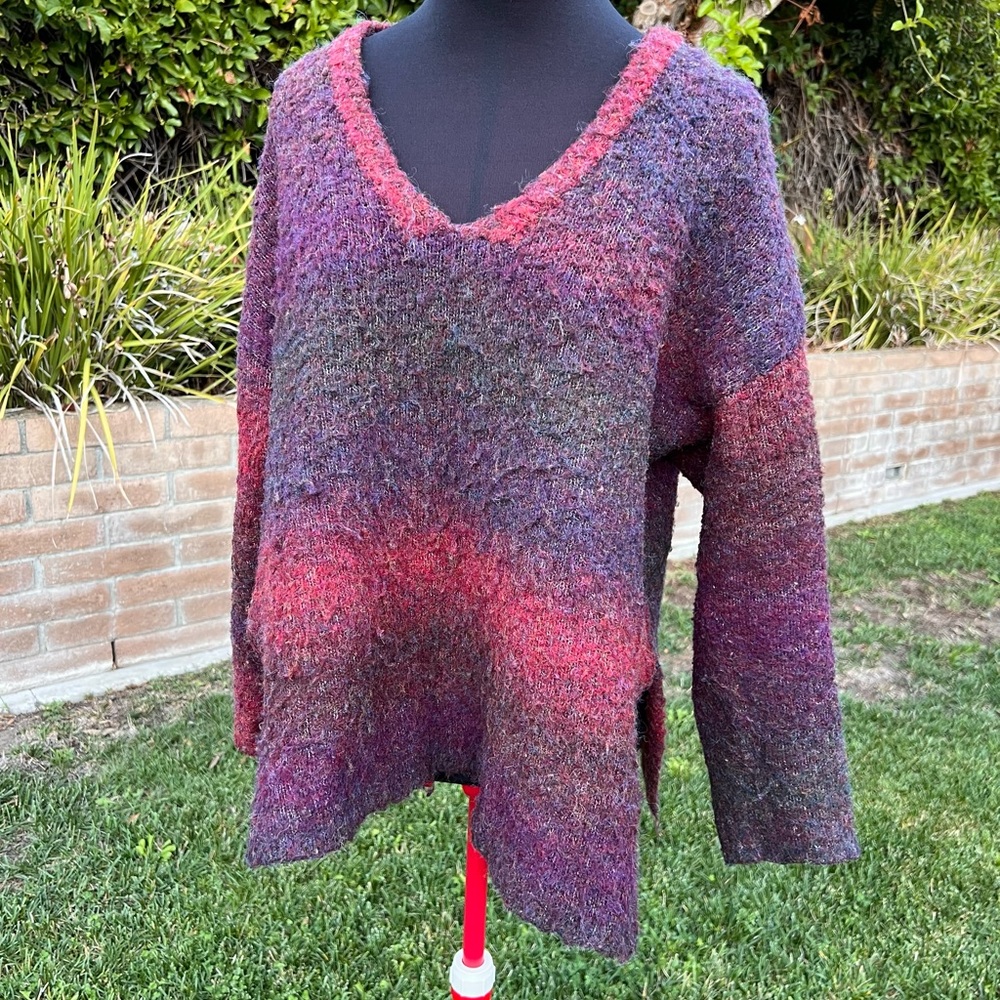 NATURAL LIFE Eggplant stripe cozy knit V-Neck Sweater